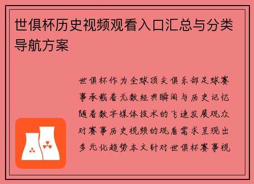 世俱杯历史视频观看入口汇总与分类导航方案